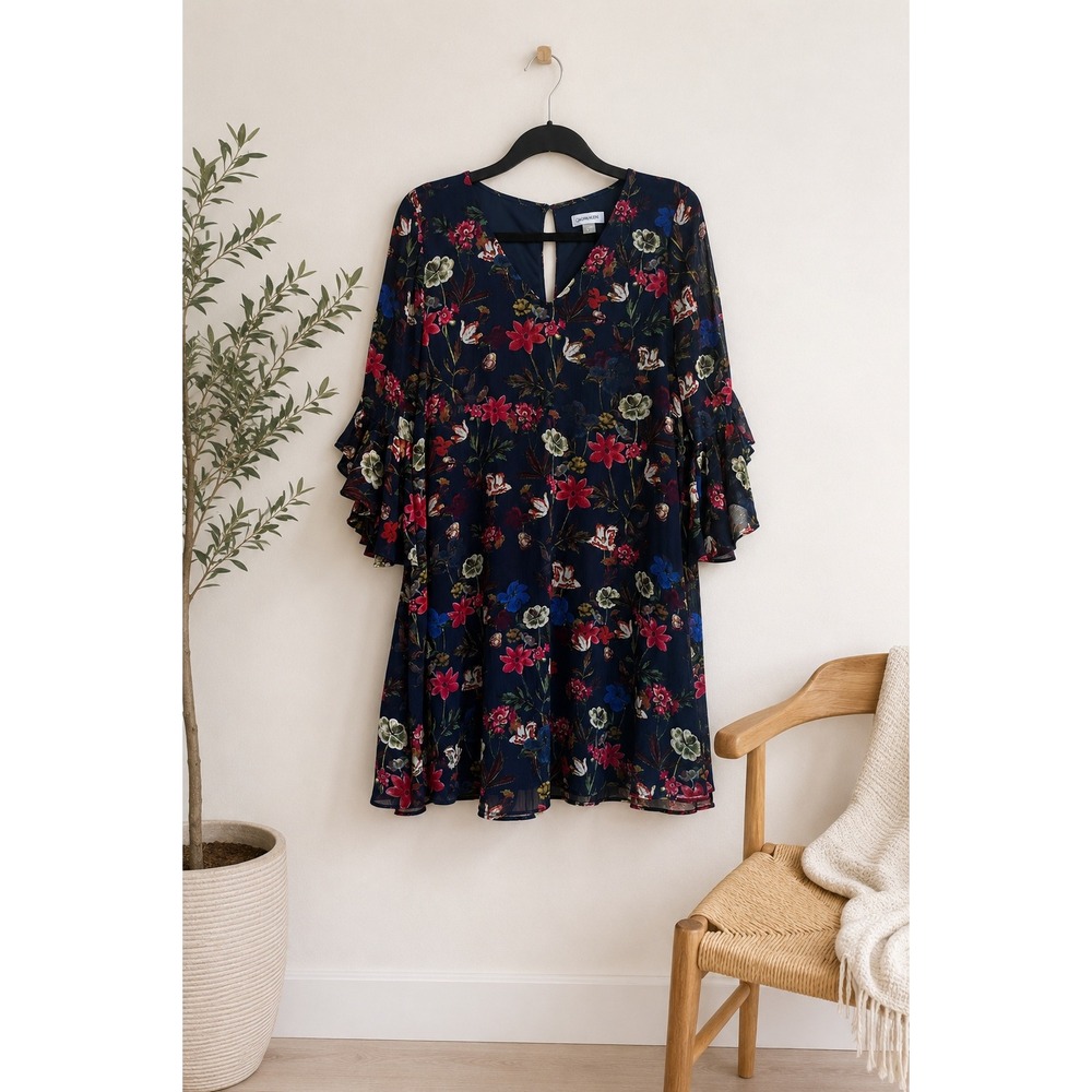 Calvin‎ Klein Navy Floral Chiffon Dress Sz 12 Wedding Guest Boho Babydoll Flowy